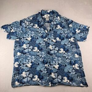 Disney Mickey Mouse Hawaiian Shirt Men XXL Blue Tropical Button Up Aloha